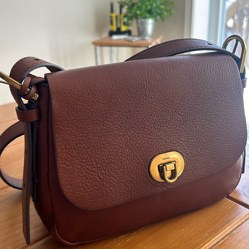 Fossil Burgundy Leather Flap Crossbody with Gold Hardware